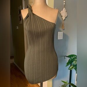 New Y2K Express One Shoulder Asymptomatic Olive Green Stretch Top, Sexy Disco M